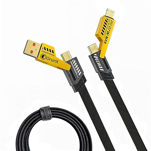 Nidman exclusive  4 in 1 Braided Fast Charging Cable 65W | Quad 1.5m Rugged Design Multiport | Type C to Lightning | Type C to USB A | Compatible for iPhones, iPads, Tablets, MacBooks and Android Devices -Black